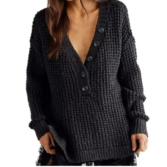 Free People Sweaters - NWT Free People Whistle Thermal Button-Up Henley Sweater Comfy Black XS